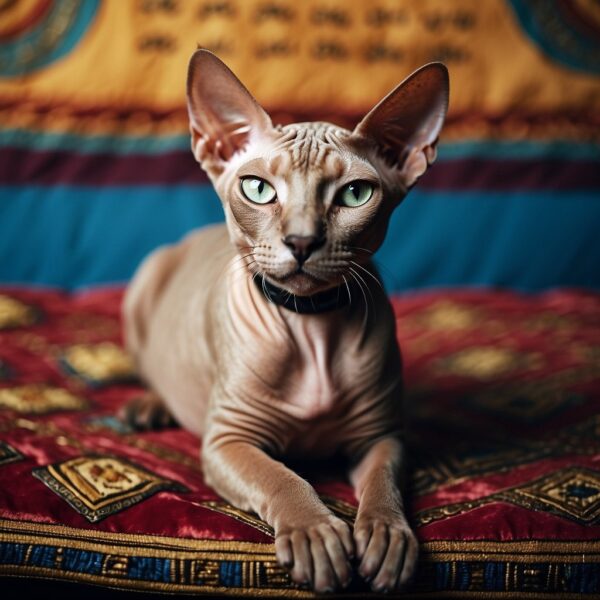 A Sphynx cat sits regally on a velvet cushion.