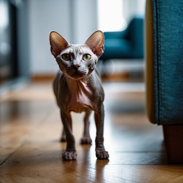 A hairless cat confidently struts across a room, its tail held high and eyes alert.