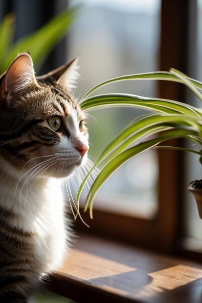 cat with spider plant