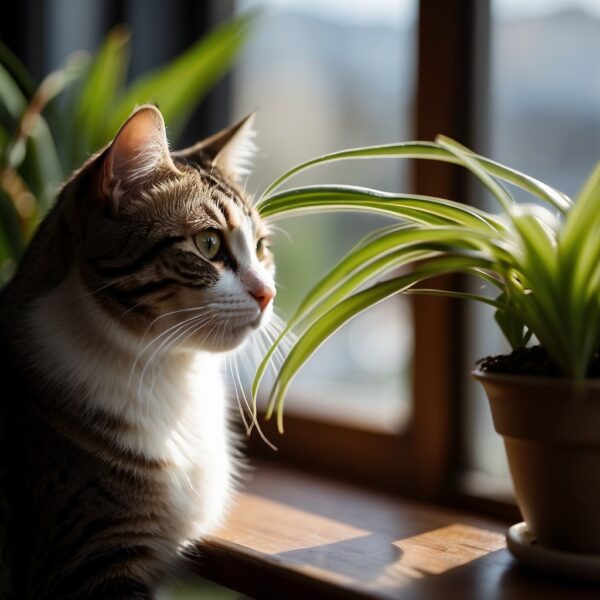 A spider plant sits on a windowsill, its long, arching leaves cascading down. A curious cat sniffs at the plant, its tail twitching with interest