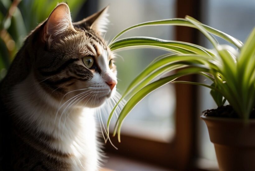cat with spider plant