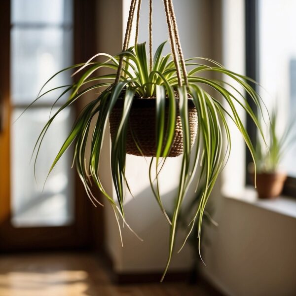 A spider plant hangs from a macrame hanger in a sunlit room, with a curious cat peering up at it from the floor