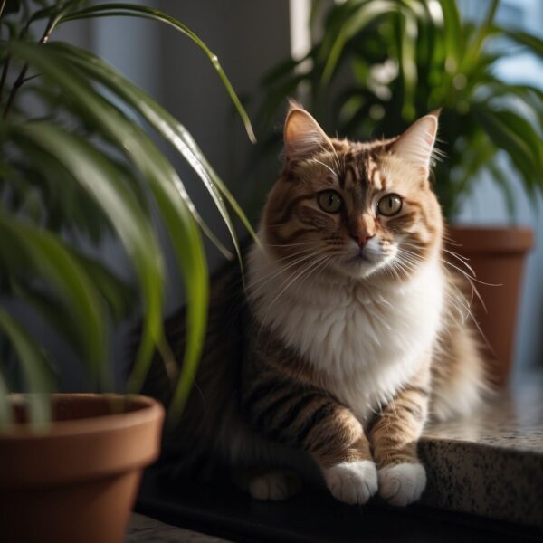 A cat sits beside a spider plant, looking curious but cautious. The plant is in a hanging pot, with long, thin leaves cascading down