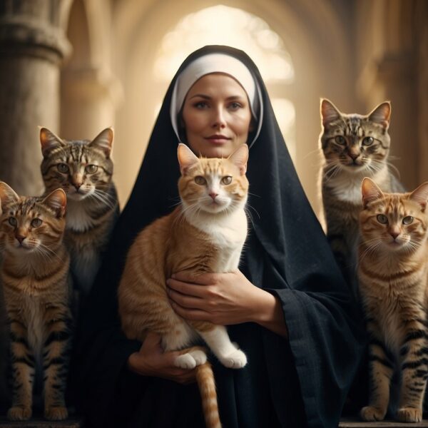 Saint Gertrude holds a cat in her arms, surrounded by feline companions. She radiates kindness and compassion towards the animals