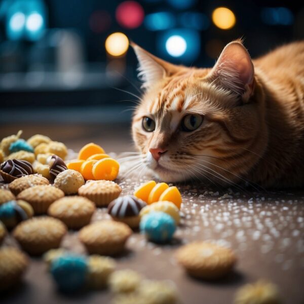 A feline surrounded by treats, looking sickly and lethargic