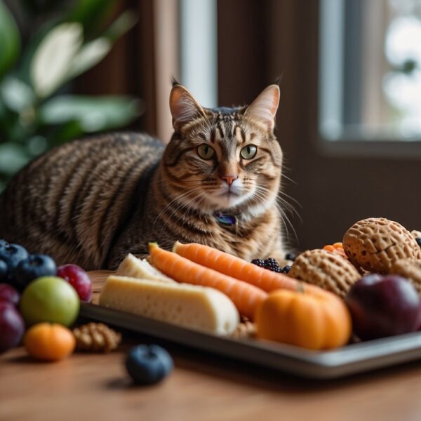 A kitty surrounded by various healthy treats like carrots, blueberries, and cat-safe fruits, 