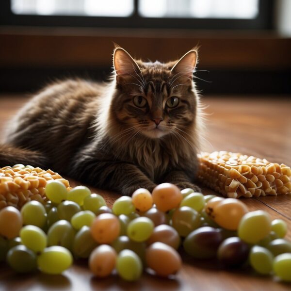 Cats surrounded by toxic foods: chocolate, grapes, onions. 