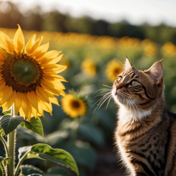 A curious cat sniffs a vibrant sunflower, 