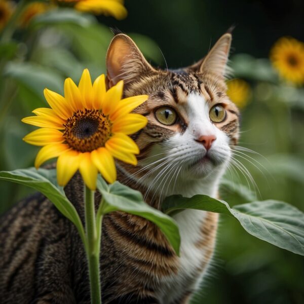 A curious cat sniffs a vibrant sunflower, its bright yellow petals contrasting against the green foliage