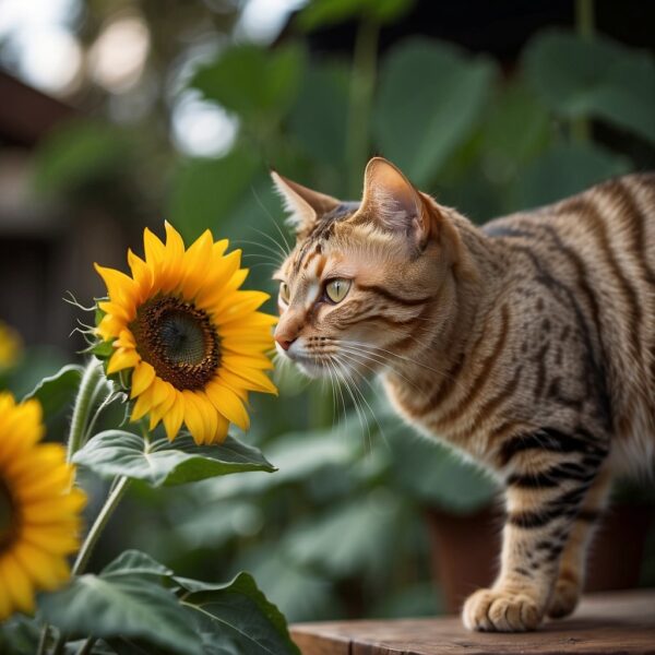 A curious cat sniffs a vibrant sunflower, while nearby