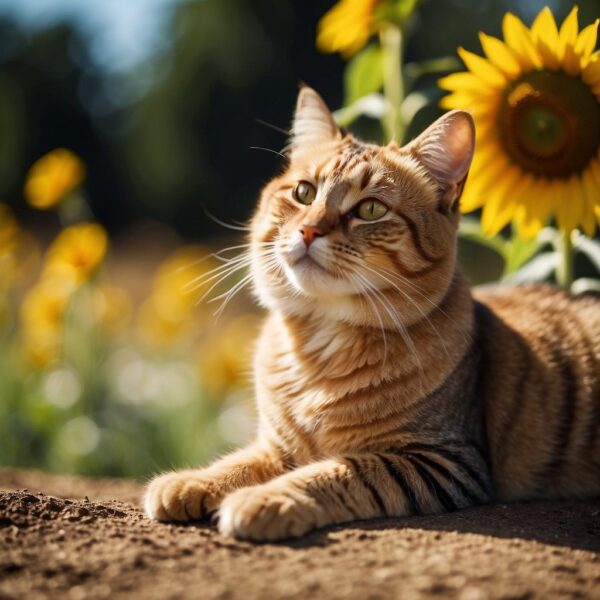 A cat sits peacefully beside a vibrant field of sunflowers, basking in the warm sunlight. The flowers sway gently in the breeze, creating a serene and safe environment for the feline