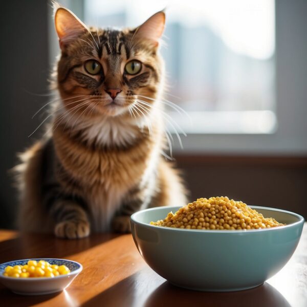A kitty with bright eyes and a healthy coat, sitting beside a bowl of commercial kibble with a playful and energetic demeanor