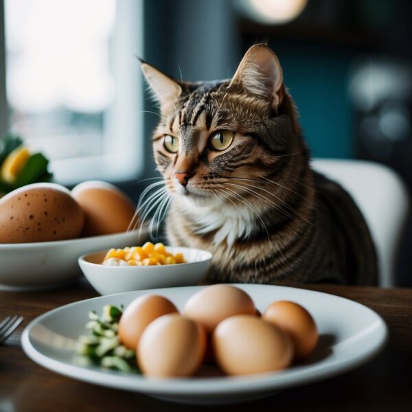 A cat eating fish, meat, and eggs for taurine intake