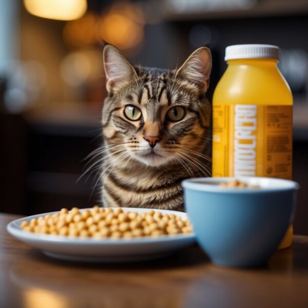 A cat sitting next to a bowl of taurine-fortified food.