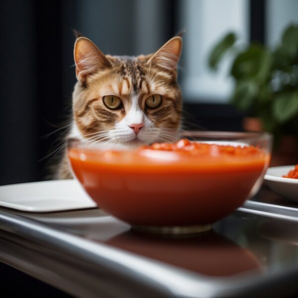 A cat sitting in front of a bowl of tomato sauce, looking curious but hesitant to eat it