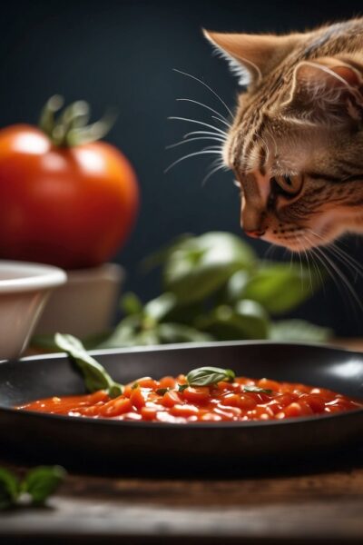 Cat sniffing tomato sauce cooking on the stove