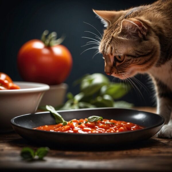 Cat sniffing tomato sauce cooking on the stove