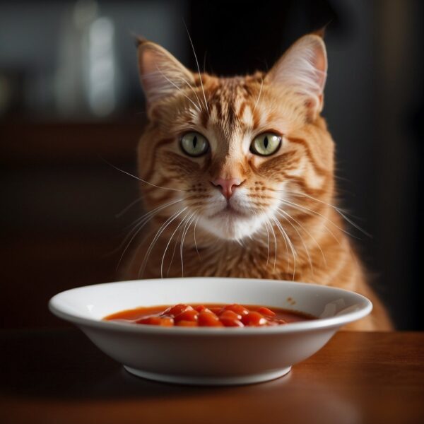 A cat eagerly licks its lips while sitting next to a spilled bowl of tomato sauce. The cat's eyes are fixated on the sauce as it prepares to take a taste