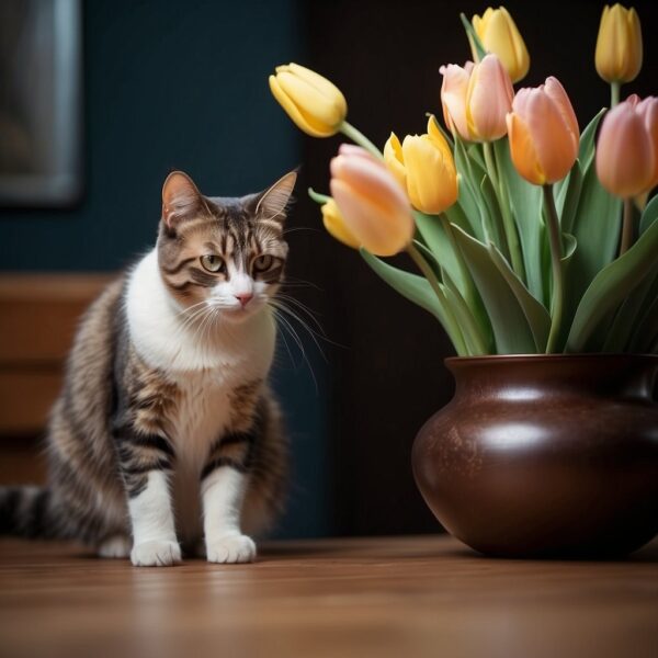 A curious feline investigates a vase of flowers, sniffing cautiously