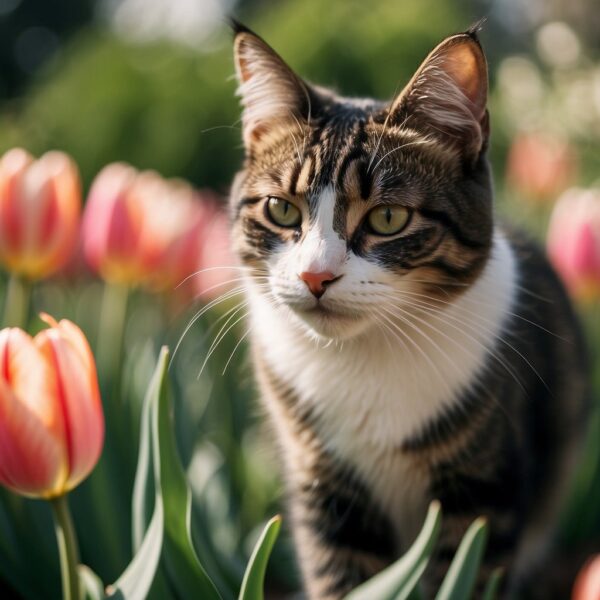 Tulips in a garden, with a curious cat sniffing and pawing at the flowers
