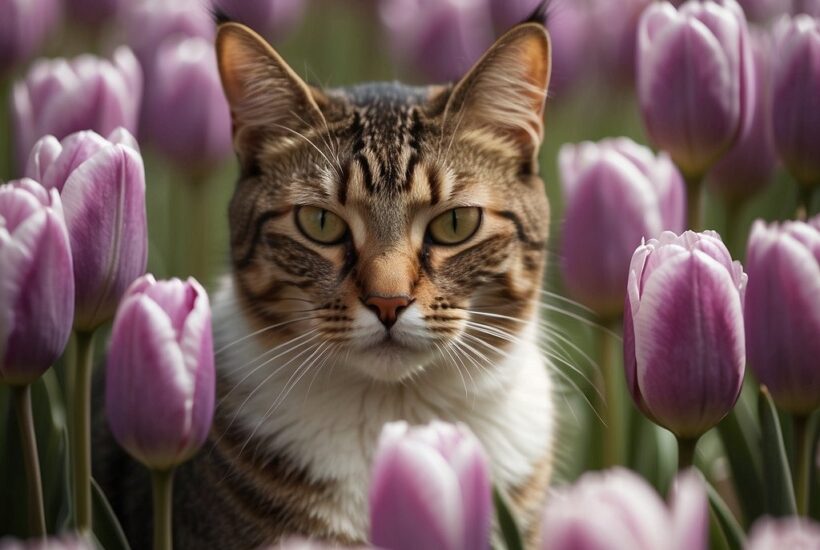 Cat in field of tulips