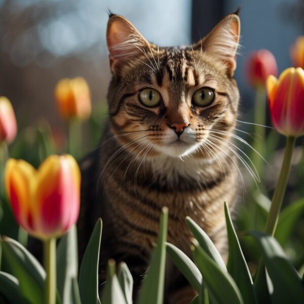 Tulips and a curious cat.