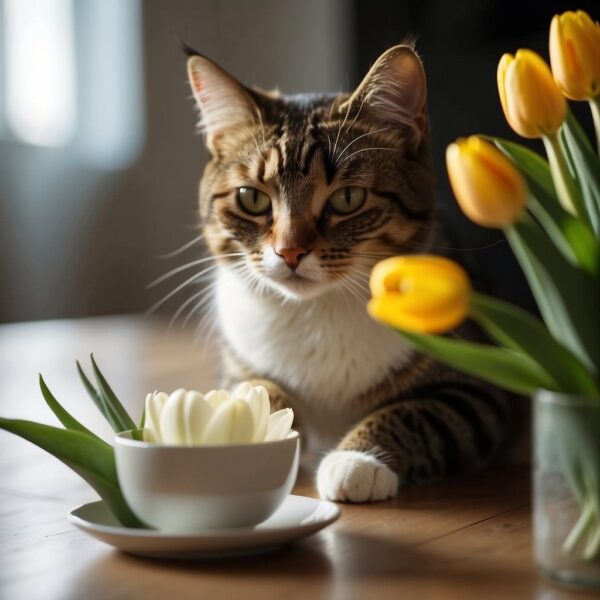 A kitty licks its lips, next to a knocked-over vase of flowers. A person rushes to clean up the flowers and check on the cat.
