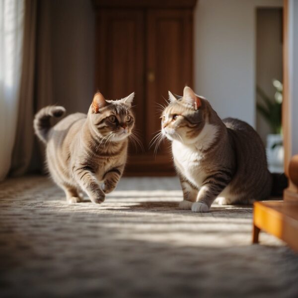 Two British Shorthair cats playfully chasing each other in a cozy living room with sunlight streaming through the window