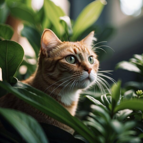 A cat sniffs a ZZ plant, then recoils and gags, showing signs of discomfort and illness