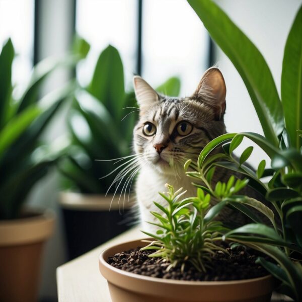 A curious cat sniffs a ZZ plant, its wide eyes reflecting concern as the plant's glossy leaves loom ominously
