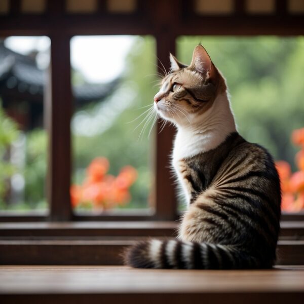 A Chinese Li Hua cat sits gracefully on a traditional wooden window sill, with a backdrop of a serene Chinese garden