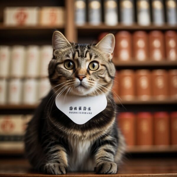 A Chinese cat sits in front of a bookshelf, surrounded by Chinese characters and symbols. A name tag with Chinese characters is placed in front of the cat