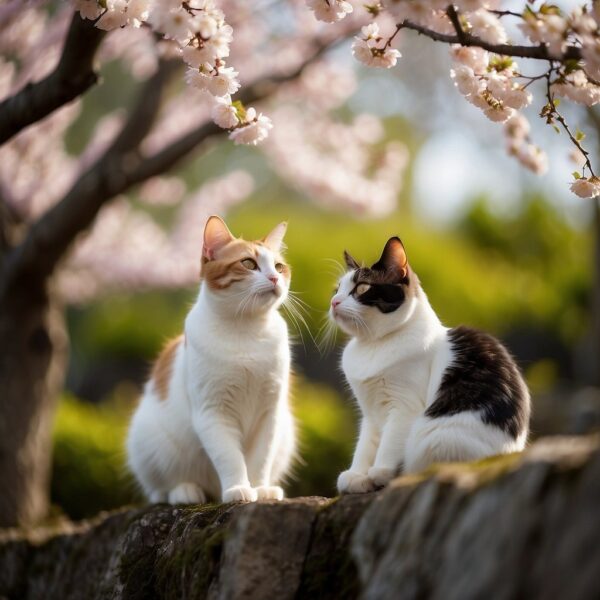 Two cats under cherry blossoms