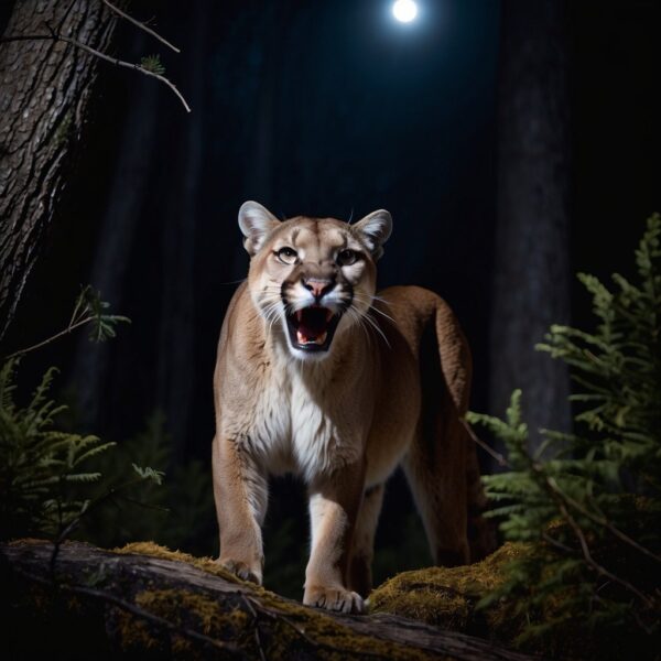 A mountain lion emits a bone-chilling scream in the moonlit forest. The sound echoes through the trees, evoking a sense of fear and unease