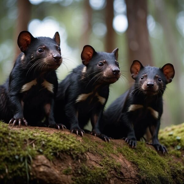 A group of Tasmanian Devils gather in a natural setting, displaying their distinctive facial markings and powerful build. The scene is set on International Tasmanian Devil Day, with a sense of camaraderie and awareness for the endangered species