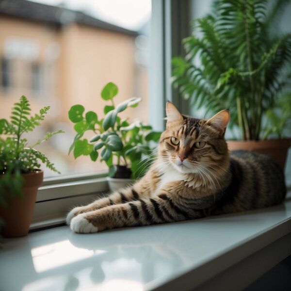 A cat sits on a windowsill, gazing out at a colorful garden. Does this cat see colors?  The world outside is vibrant and lush, with flowers in full bloom and butterflies flitting about