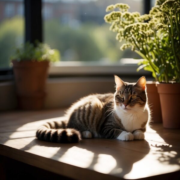 A contented cat lounges in a sunlit room, surrounded by sprigs of valerian. The cat appears relaxed and at ease, with a peaceful expression on its face