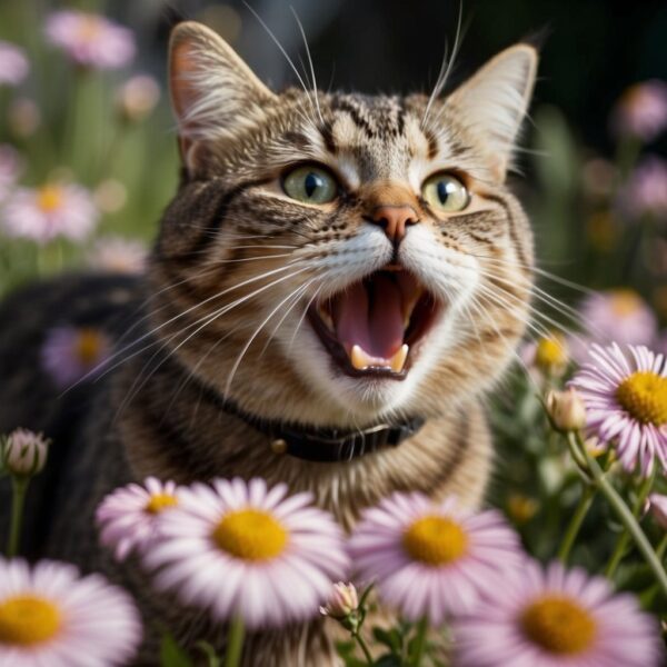 A kitty with watery eyes and sneezing, surrounded by flowers and dust