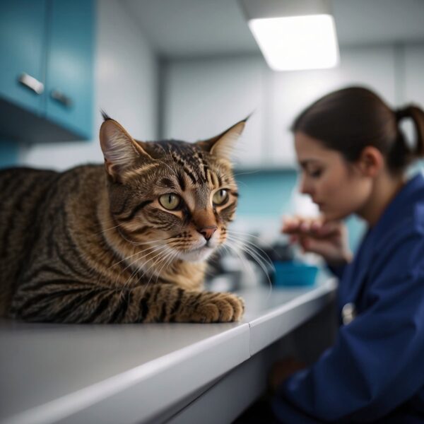 A veterinarian examines a cat's ears, eyes, and skin for signs of allergies. The cat sits calmly on the examination table as the vet checks for any redness, swelling, or discharge