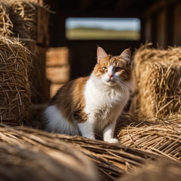 A barn cat sits on a hay bale, surrounded by rustic wooden beams and scattered farm equipment. The cat's fur is mottled and its eyes are alert, as it watches the mice scurrying around the barn floor