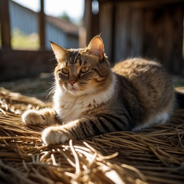 Feline lounges in the hayloft, watching mice scurry below. The sun filters through the wooden slats, casting warm, dappled light on the feline's fur