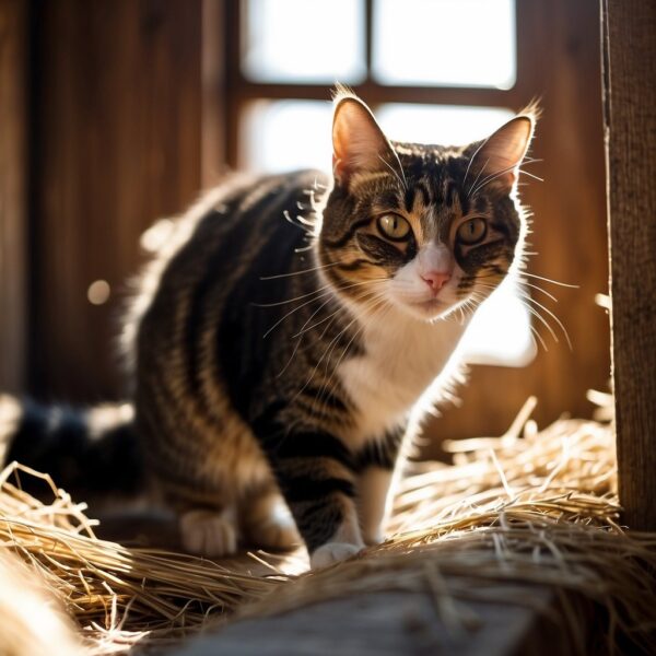Mouser prowls through the hay-filled interior of a rustic barn, its keen eyes scanning for mice and other small prey. 