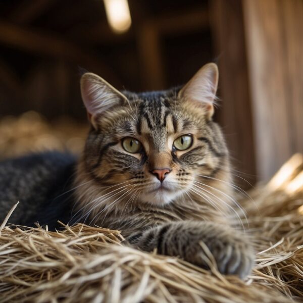 A kitty lounges in a cozy hay-filled corner, surrounded by rustic wooden beams and bales of hay. 