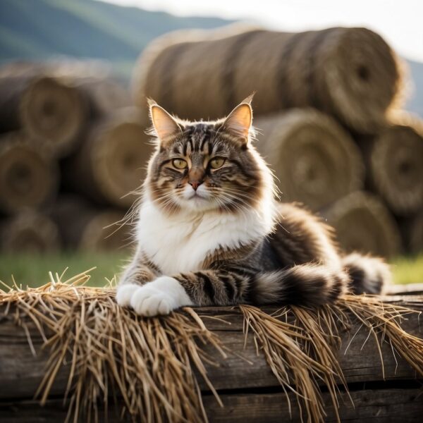 A farm cat lounges on a weathered wooden fence, surrounded by bales of hay and a rustic barn. The cat's fur is sleek and its eyes are alert, capturing the essence of a free-spirited outdoor feline