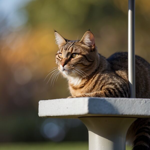 A cat sits near a bird feeder, its ears perked up as it watches a colorful bird perched on the edge. The feeder is placed high up on a pole, out of the cat's reach