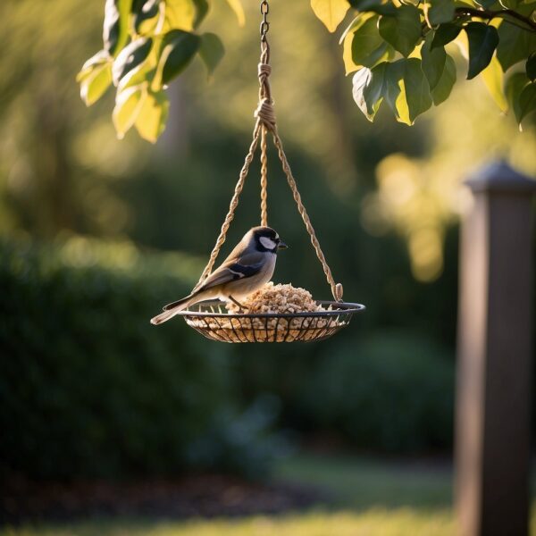 Bird feeders placed high in trees, away from ground, with barriers to prevent cat access. Dense shrubs and plants create safe spaces for birds to hide