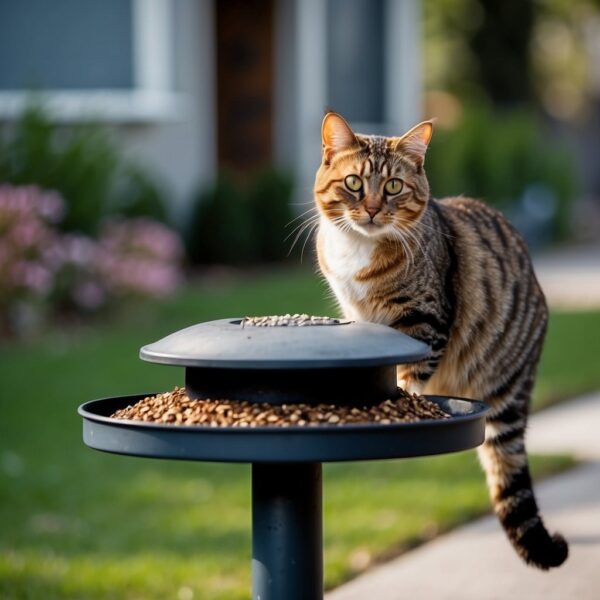 A cat prowls near a bird feeder, its eyes fixed on the unsuspecting birds. The birds appear cautious, glancing around for potential danger