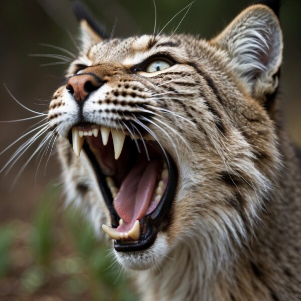 A bobcat emits a banshee-like scream, mouth open, eyes wide, and fur bristling, conveying fear and aggression