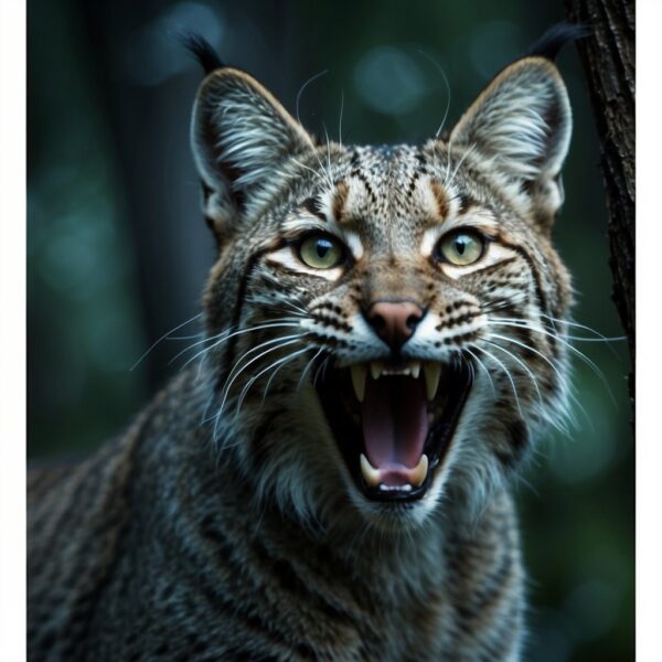 A bobcat screams in the moonlit forest, its banshee-like wail echoing through the trees, creating an eerie and haunting atmosphere
