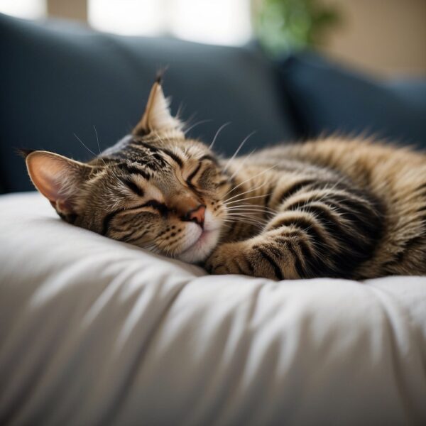 A cat lies curled up on a soft cushion, eyes closed in peaceful slumber. The gentle rise and fall of its chest indicates a light, restful catnap